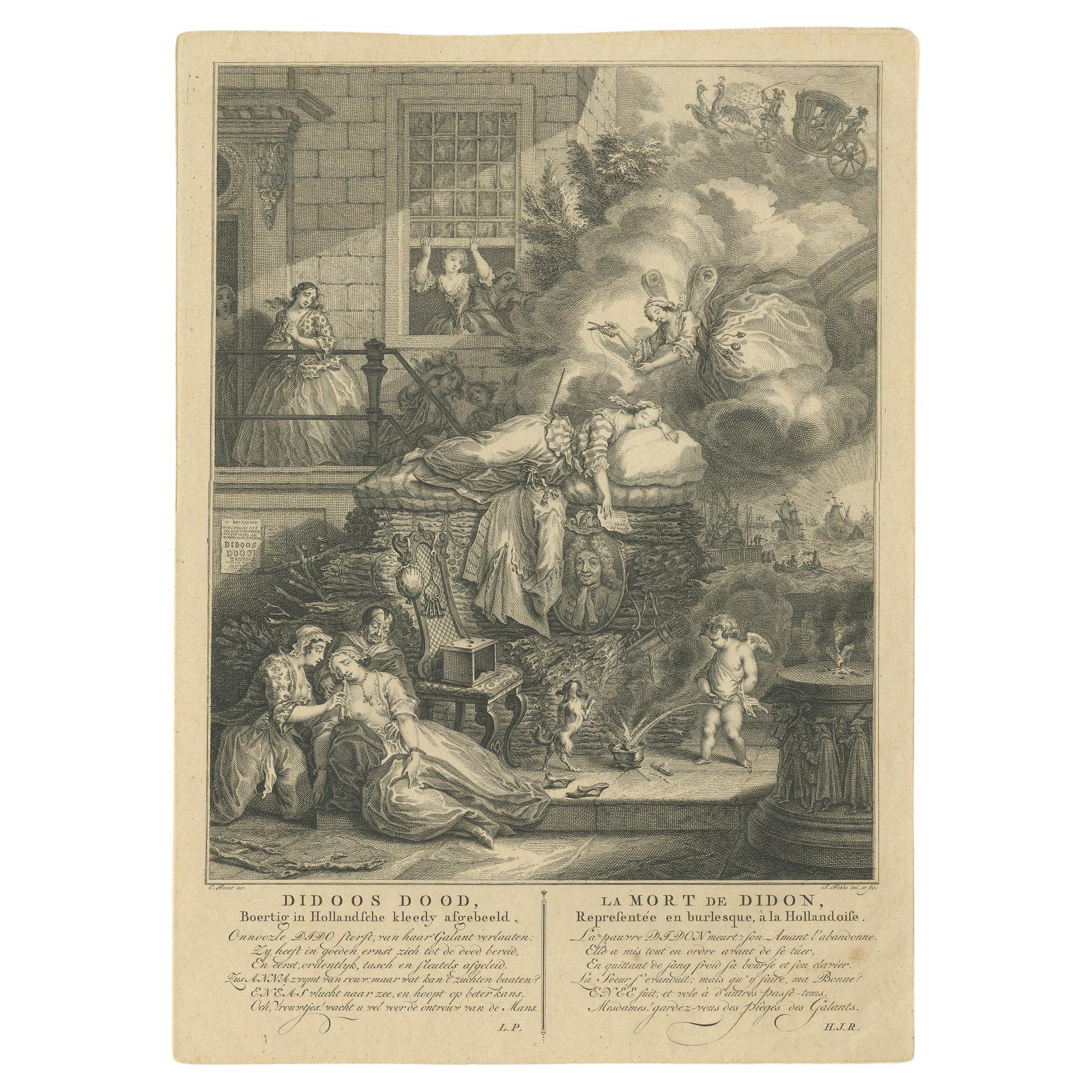 Antique print titled 'Didoos Dood - La Mort de Didon'. Dido's death; the queen lying on a pyre, dressed in peasant clothes. A fantastic Dutch Burlesque. From a series of thirty-one unnumbered plates after Cornelis Troost. The series was begun in