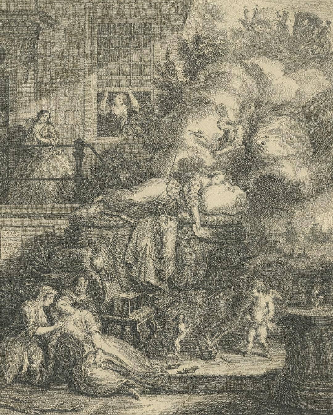 Antique Print of Dido's Death, a fantastic Dutch Burlesque