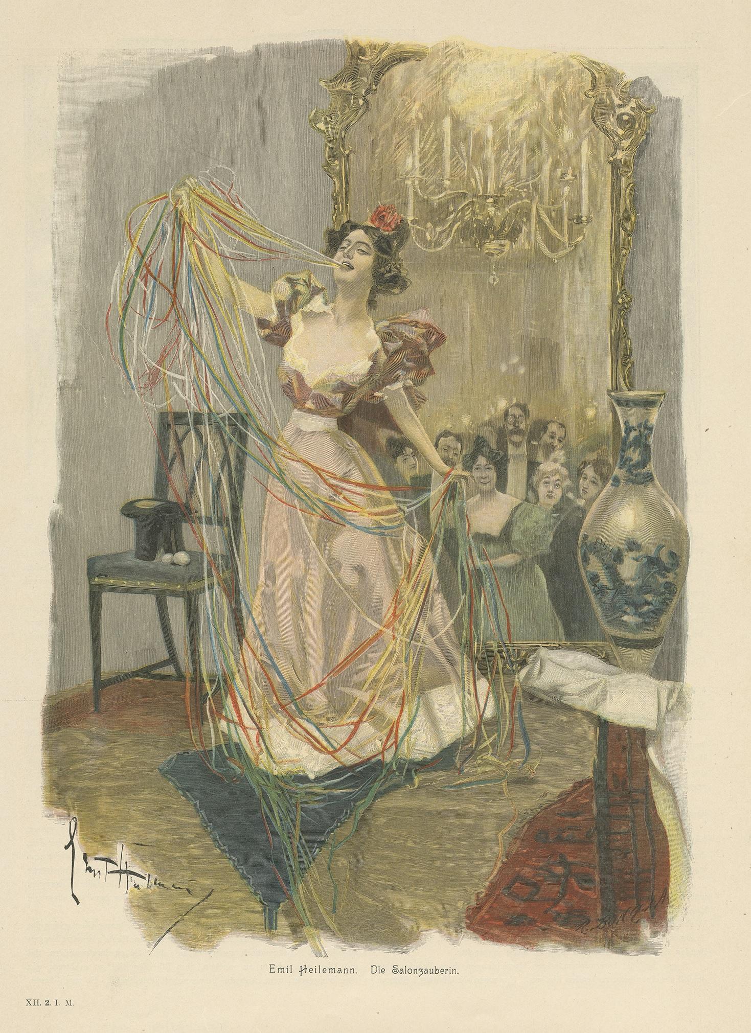 Antique print titled 'Emil Heilemann. Die Salonzauberin'. Made after Emil Heilemann. It shows a lady celebrating and dancing in a lounge.