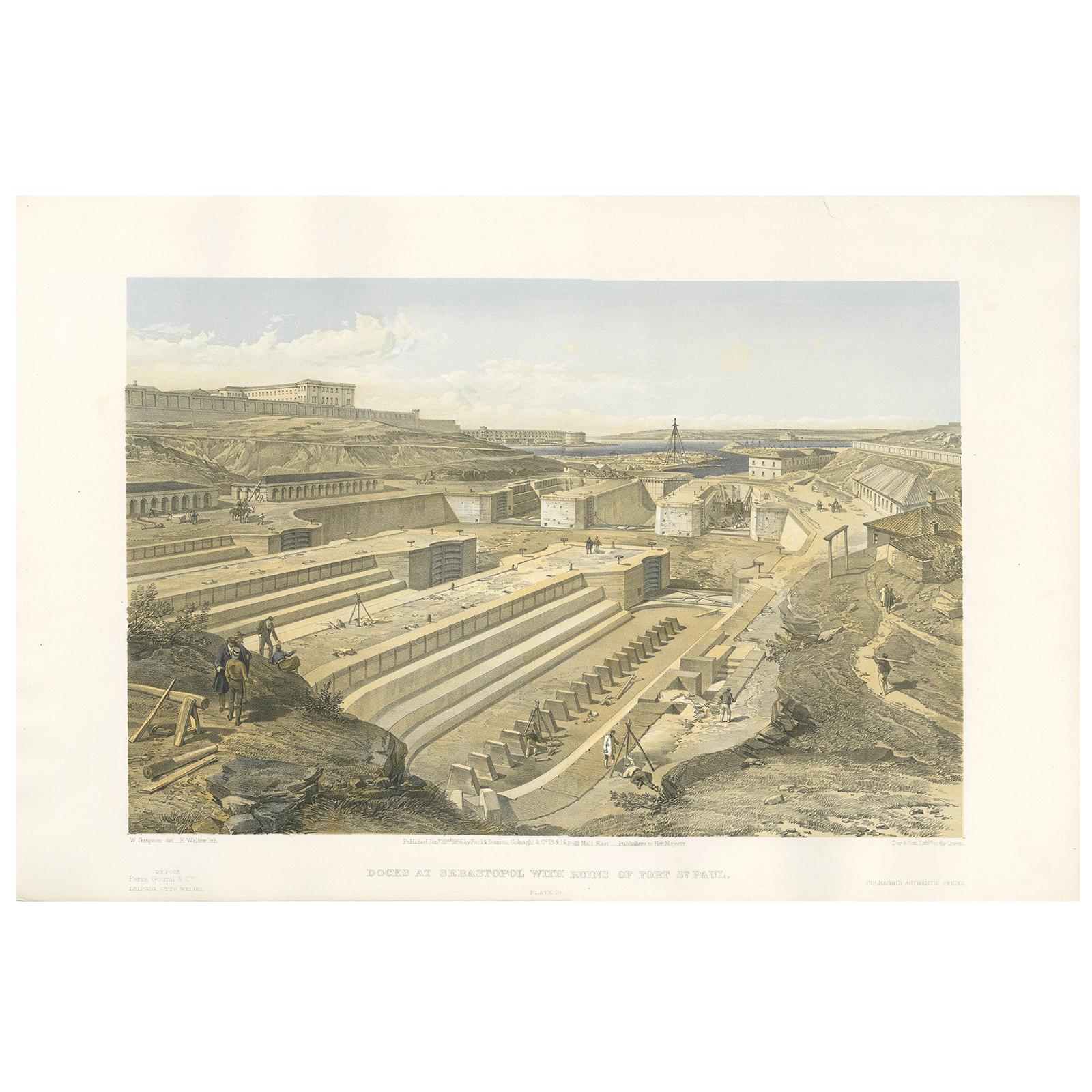 Antique Print of Docks at Sebastopol 'Crimean War' by W. Simpson, 1855 For Sale