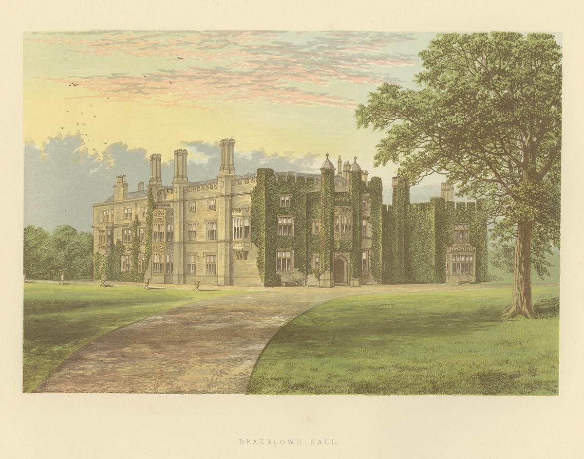 Antique print titled 'Drakelowe Hall'. Color printed woodblock of Drakelowe Hall in South Derbyshire, England. This print originates from 'Picturesque Views of Seats of Noblemen and Gentlemen of Great Britain and Ireland' by the Rev. F. O. Morris.