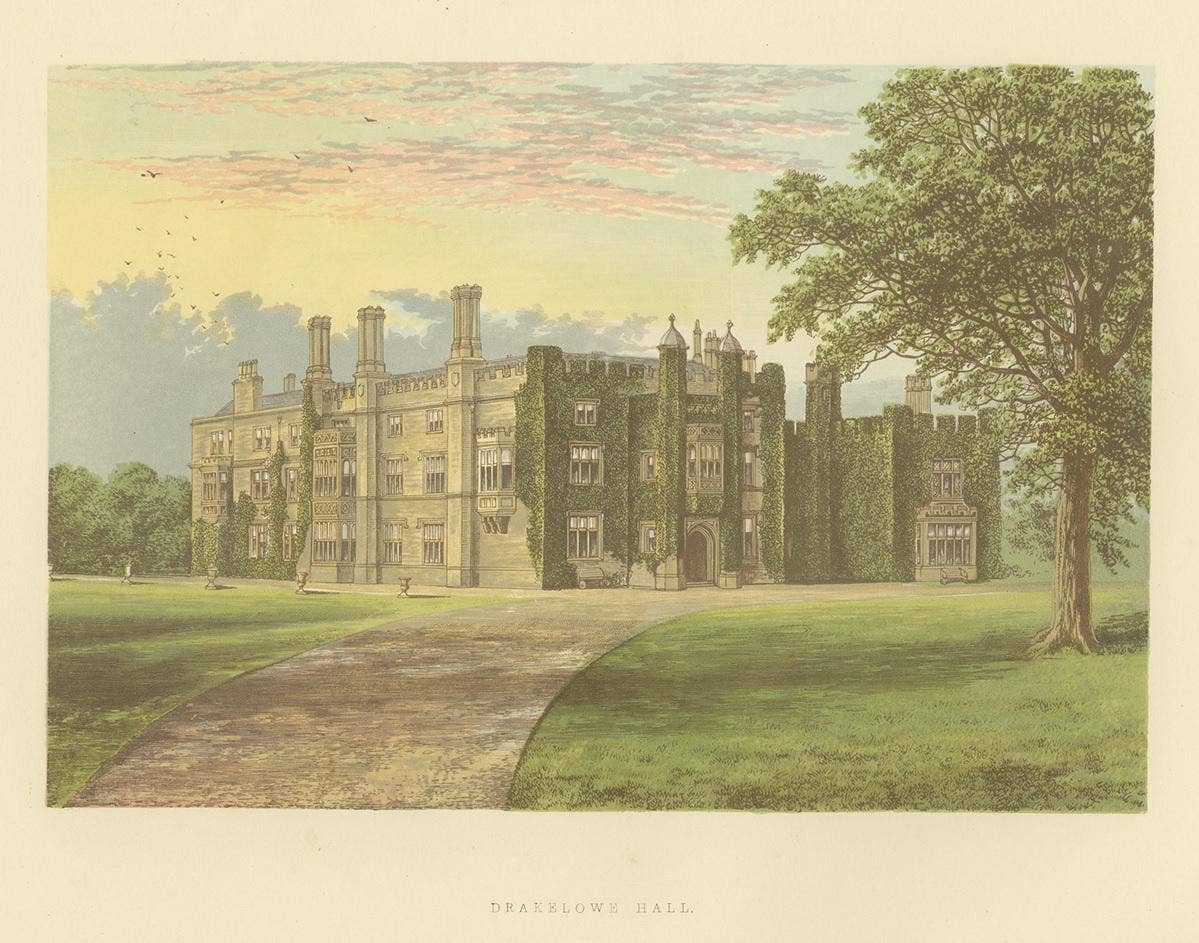 Antique Print of Drakelowe Hall by Morris, circa 1880