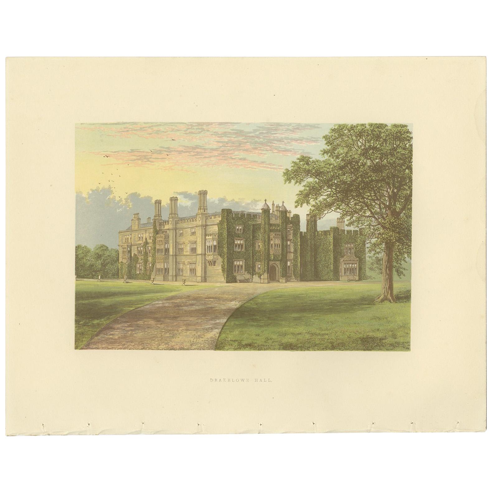 Antique Print of Drakelowe Hall by Morris, circa 1880 For Sale