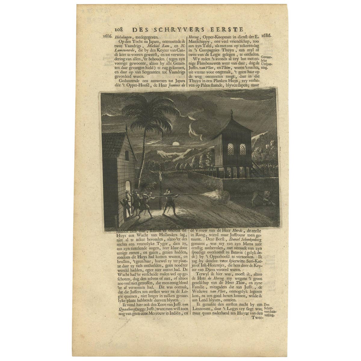 Antique Print of Dutch Guards and a Tiger by Valentijn, 1726