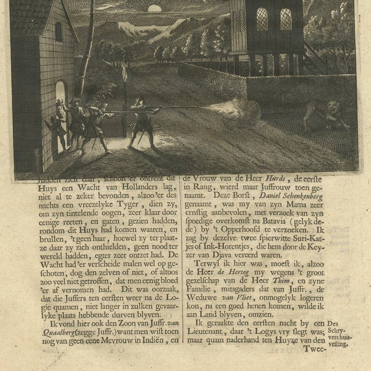 Antique Print of Dutch Guards and a Tiger by Valentijn, 1726
