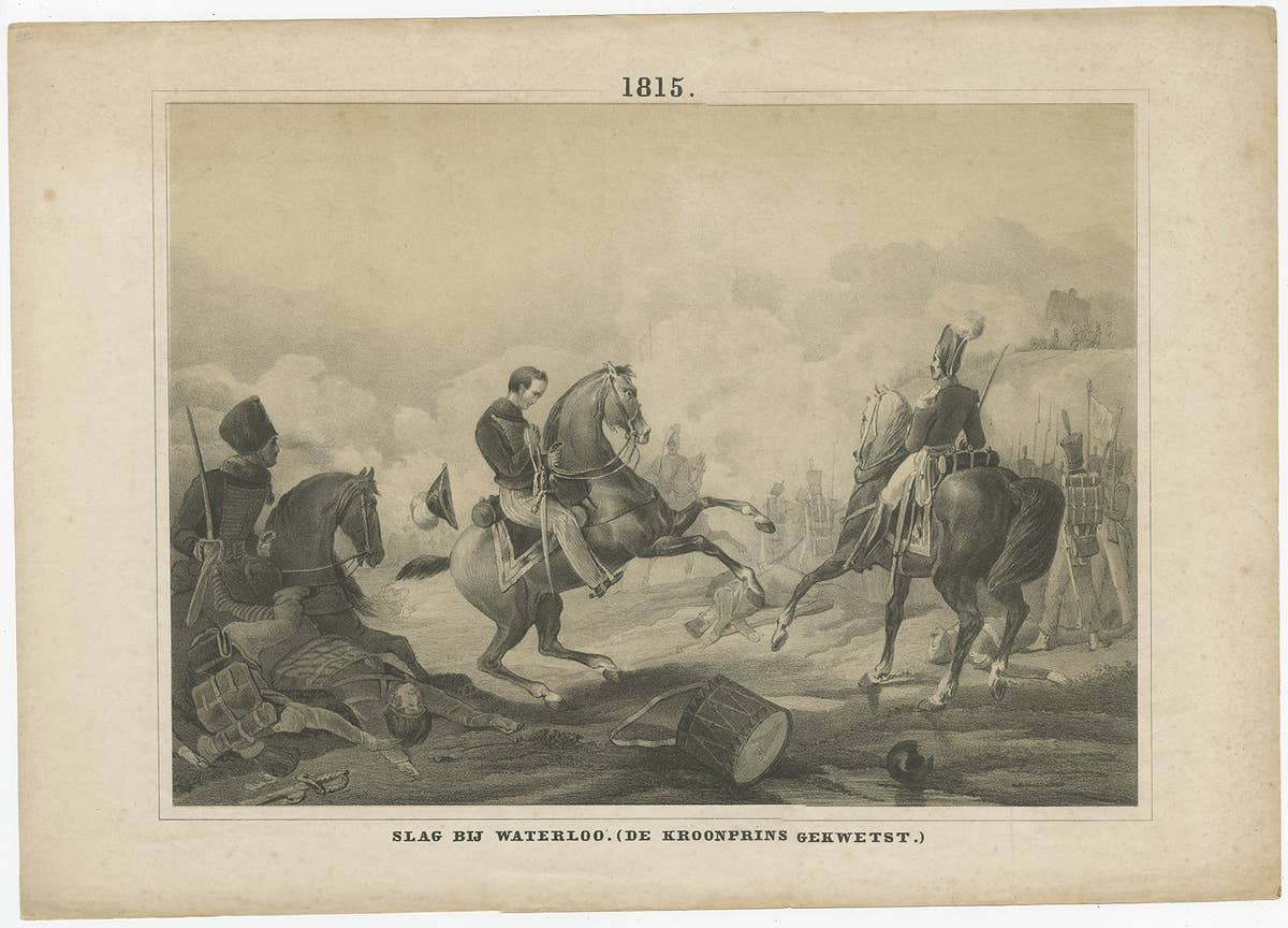 Antique Print of Dutch Prince Willem of Orange at the Battle of Waterloo, c.1855
