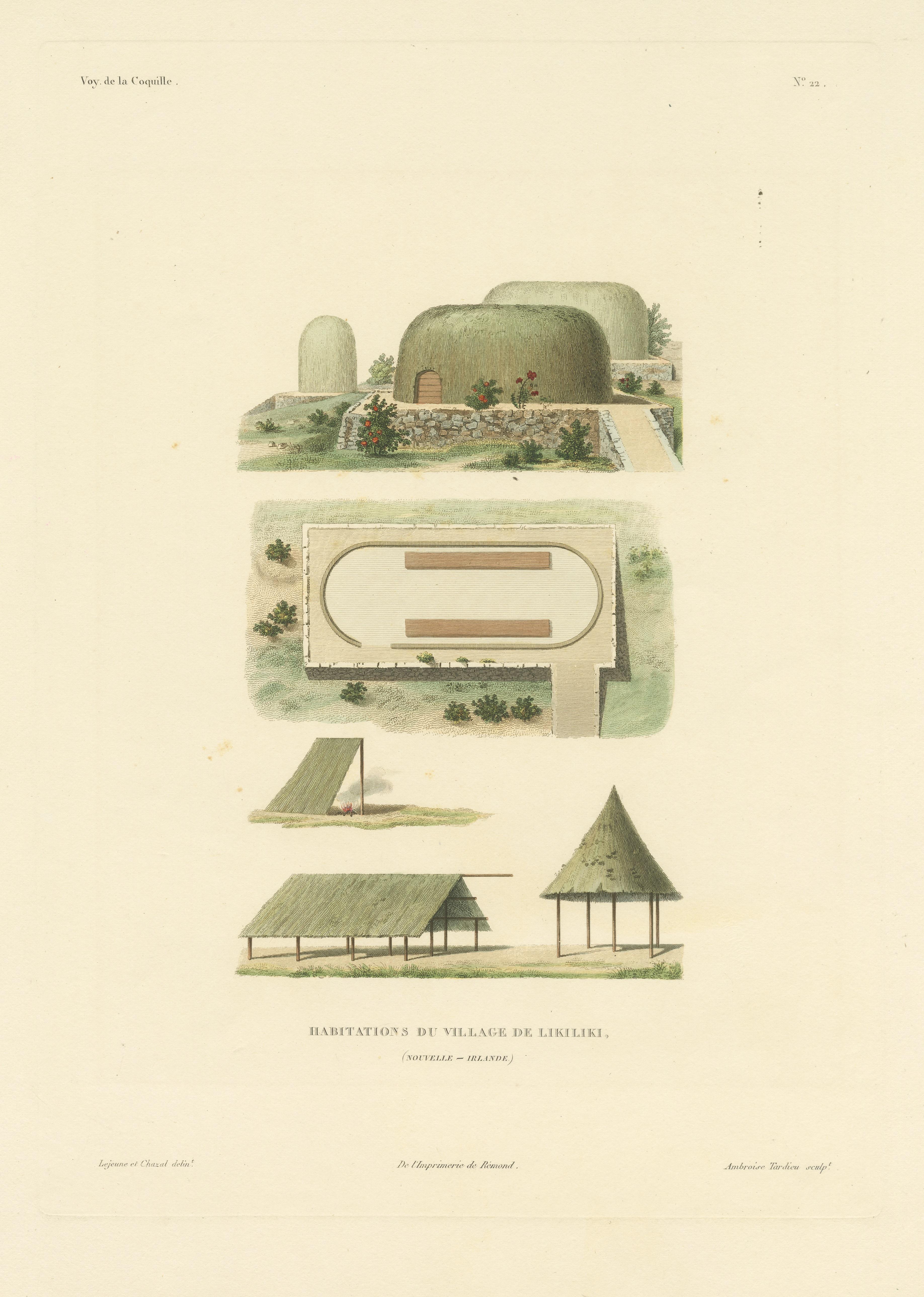 Antique Print of Dwellings in Likiliki Village, New Ireland In Good Condition For Sale In Langweer, NL