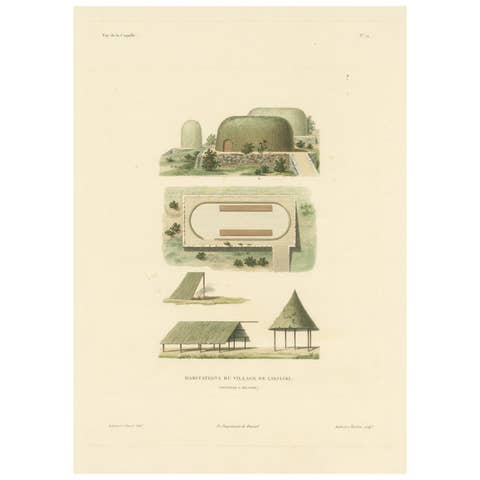 Antique Print of Dwellings in Likiliki Village, New Ireland