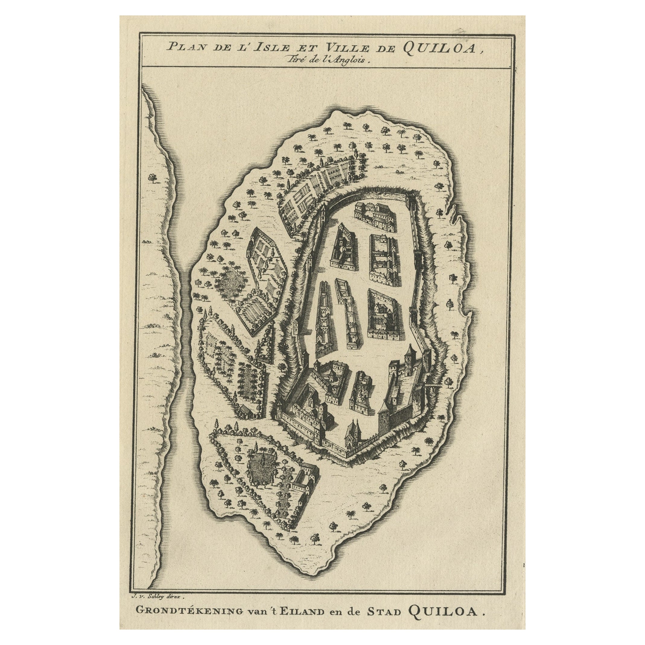 Antique Print of East African Island of Quiloa or Kilwa Kisiwani, Tanzania, 1749