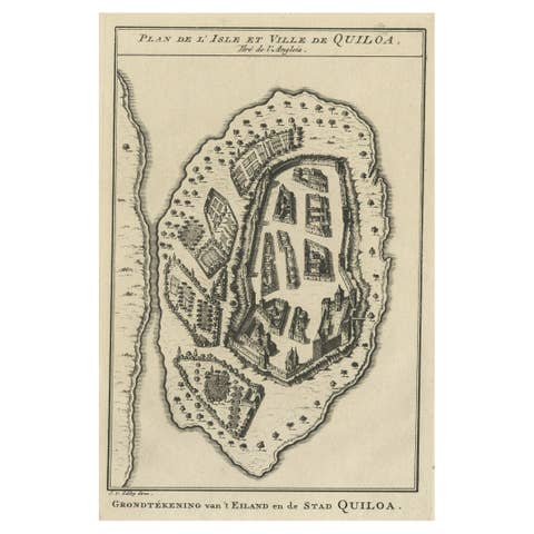 Antique Print of East African Island of Quiloa or Kilwa Kisiwani, Tanzania, 1749
