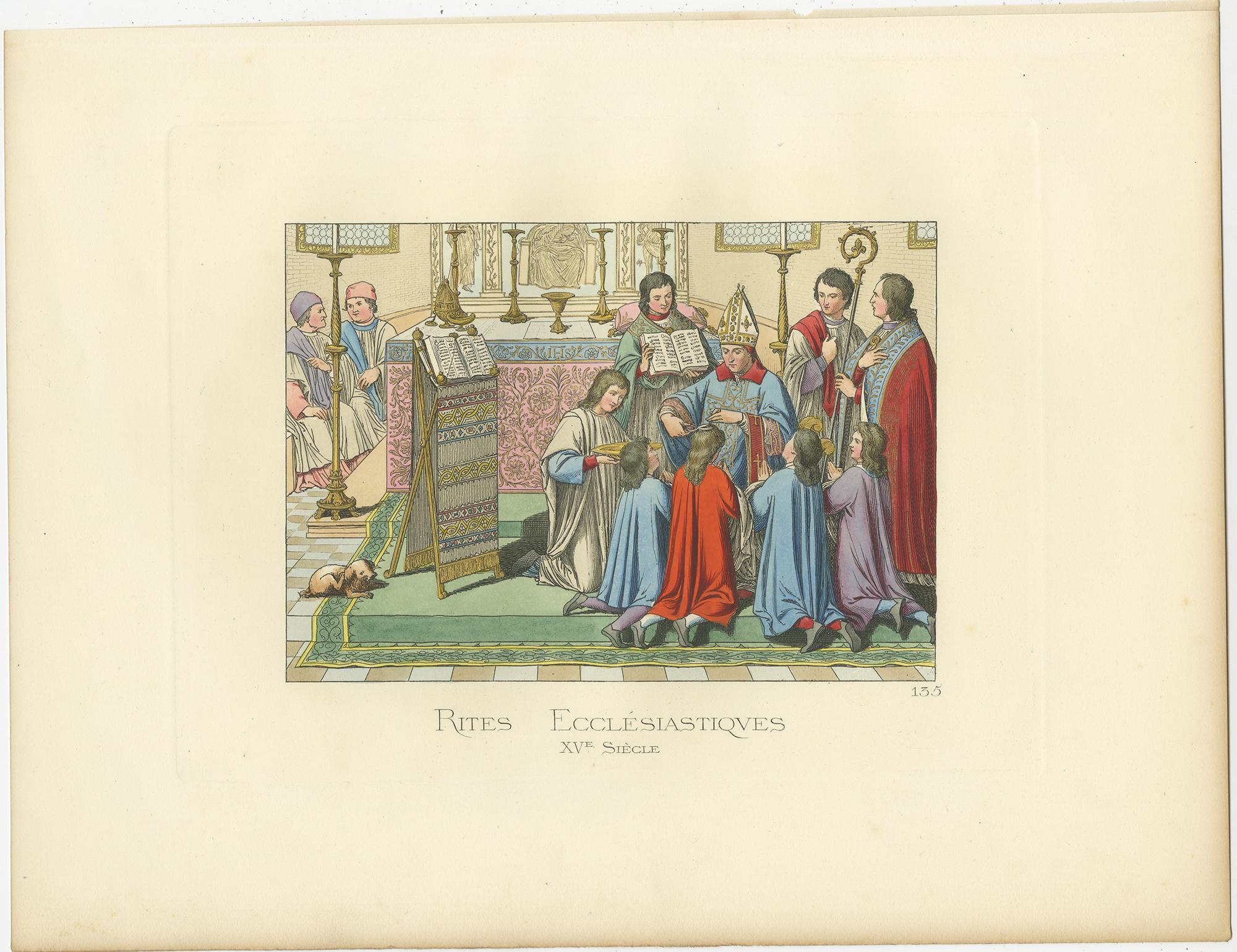 Paper Antique Print of Ecclesiastical Rites, 15th Century, by Bonnard, 1860 For Sale
