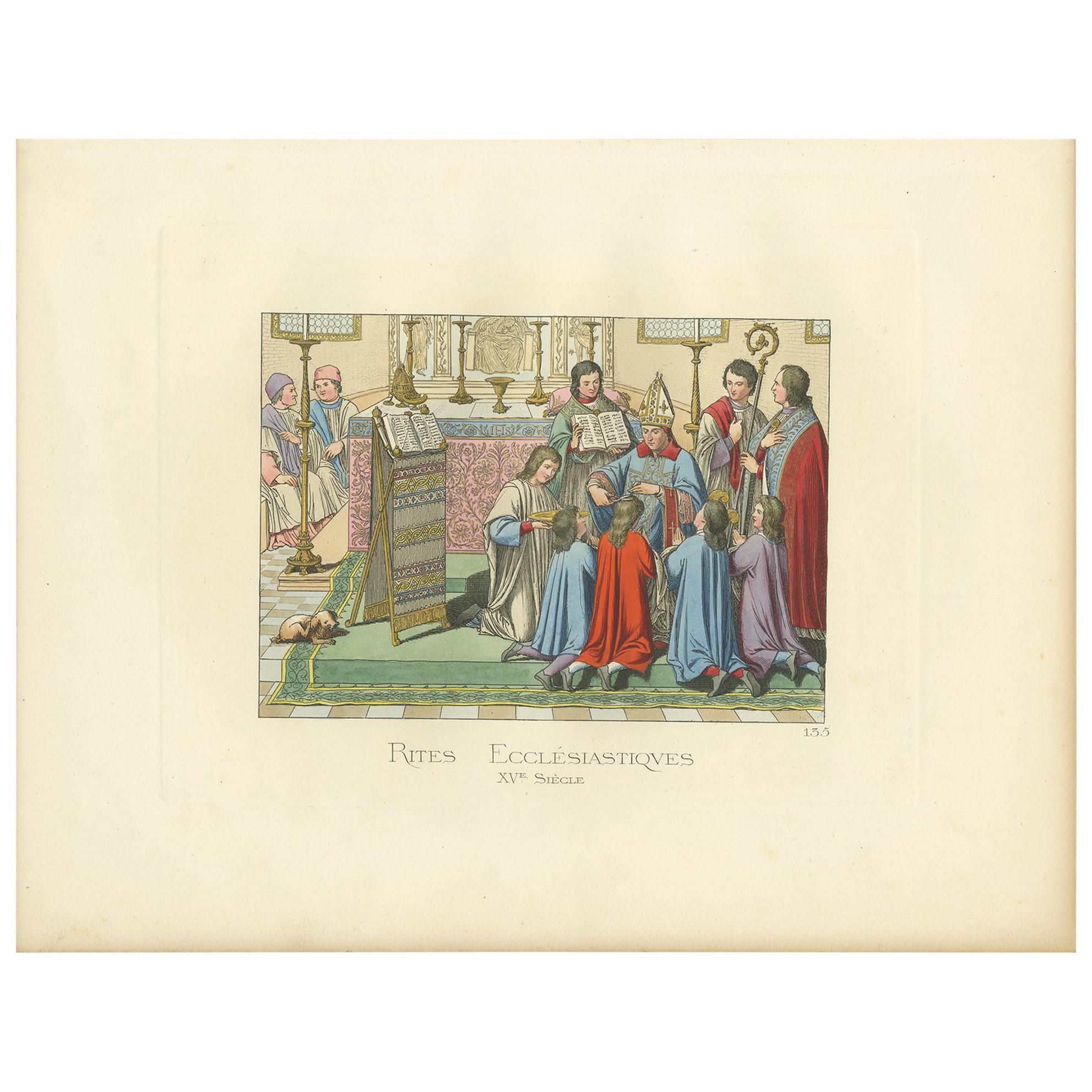 Antique Print of Ecclesiastical Rites, 15th Century, by Bonnard, 1860 For Sale