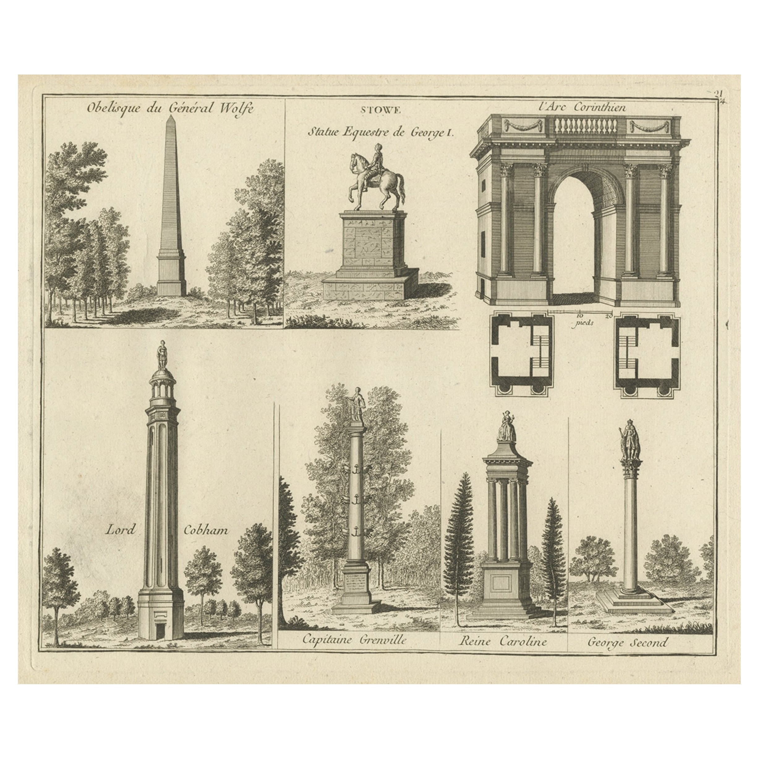 Antique Print of Elements of Stowe Park, Stowe, Buckinghamshire, England, c.1785 For Sale