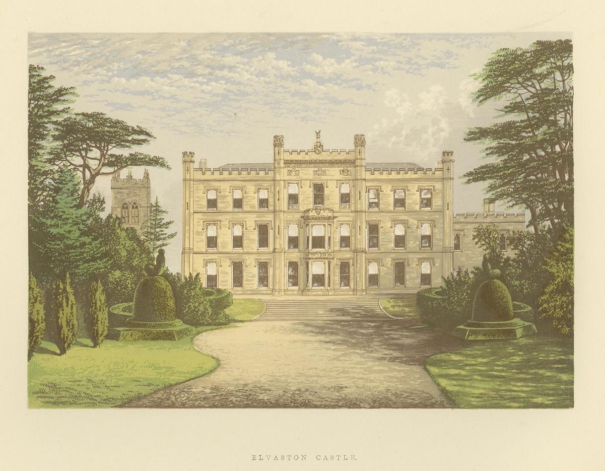 Antique print titled 'Elvaston Castle'. Color printed woodblock of Elvaston Castle, a stately home in Elvaston, Derbyshire, England. This print originates from 'Picturesque Views of Seats of Noblemen and Gentlemen of Great Britain and Ireland' by