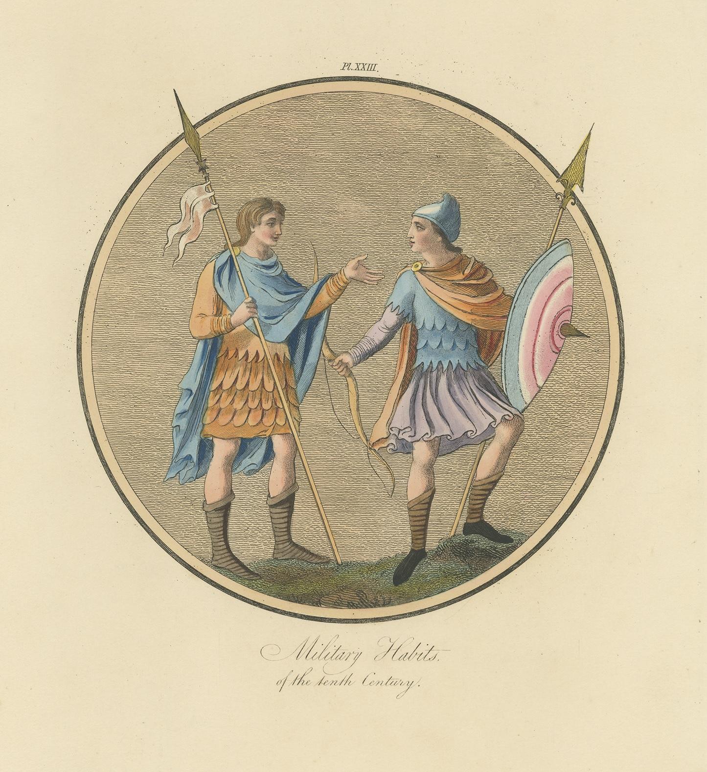 Antique Print of English Military Costumes of the 10th Century by Strutt, 1862 In Good Condition For Sale In Langweer, NL