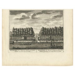 Grabado antiguo de la finca Wallestein cerca de Utrecht, Países Bajos, 1719