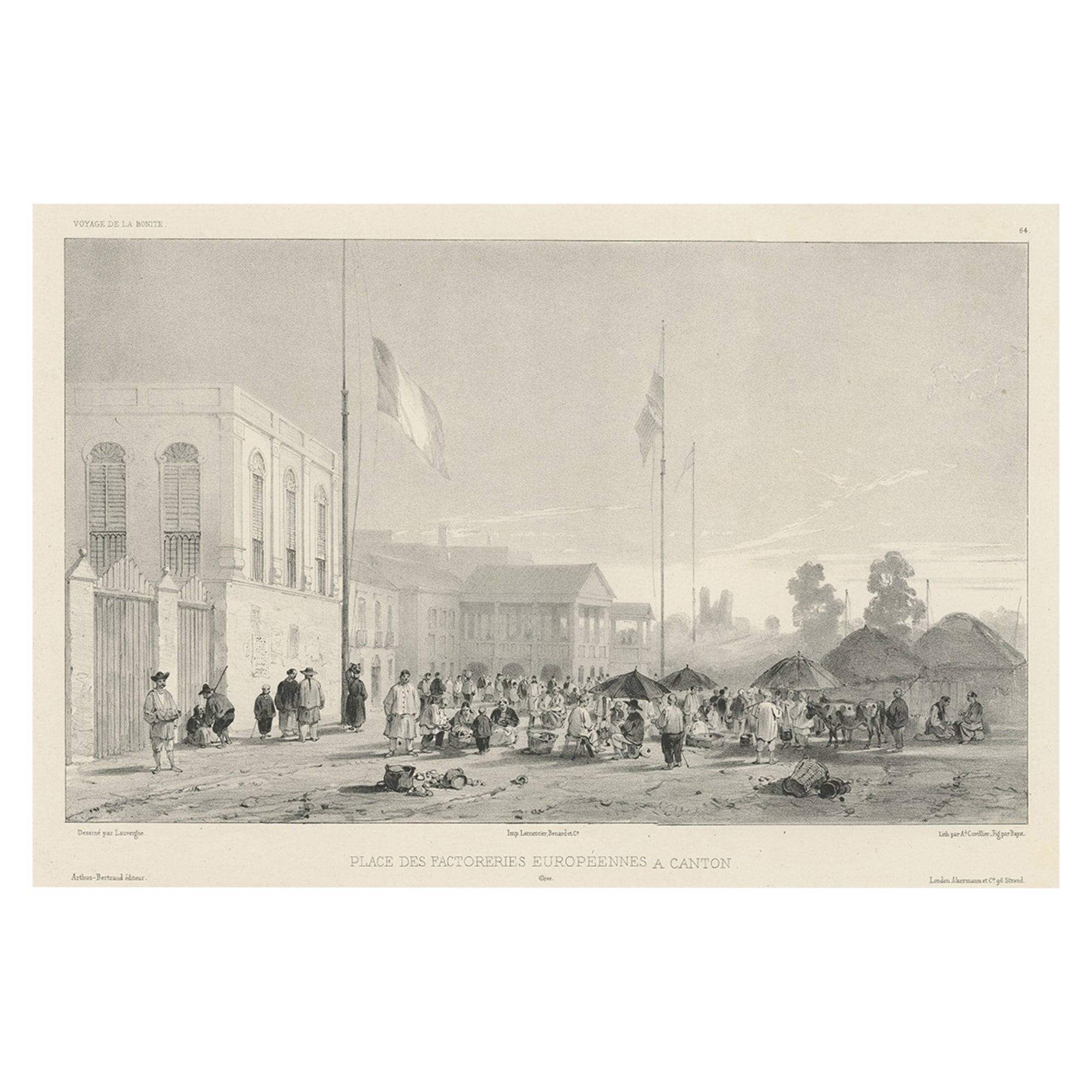 Antiker Druck europäischer Fabriken in Guangzhou in China, um 1850