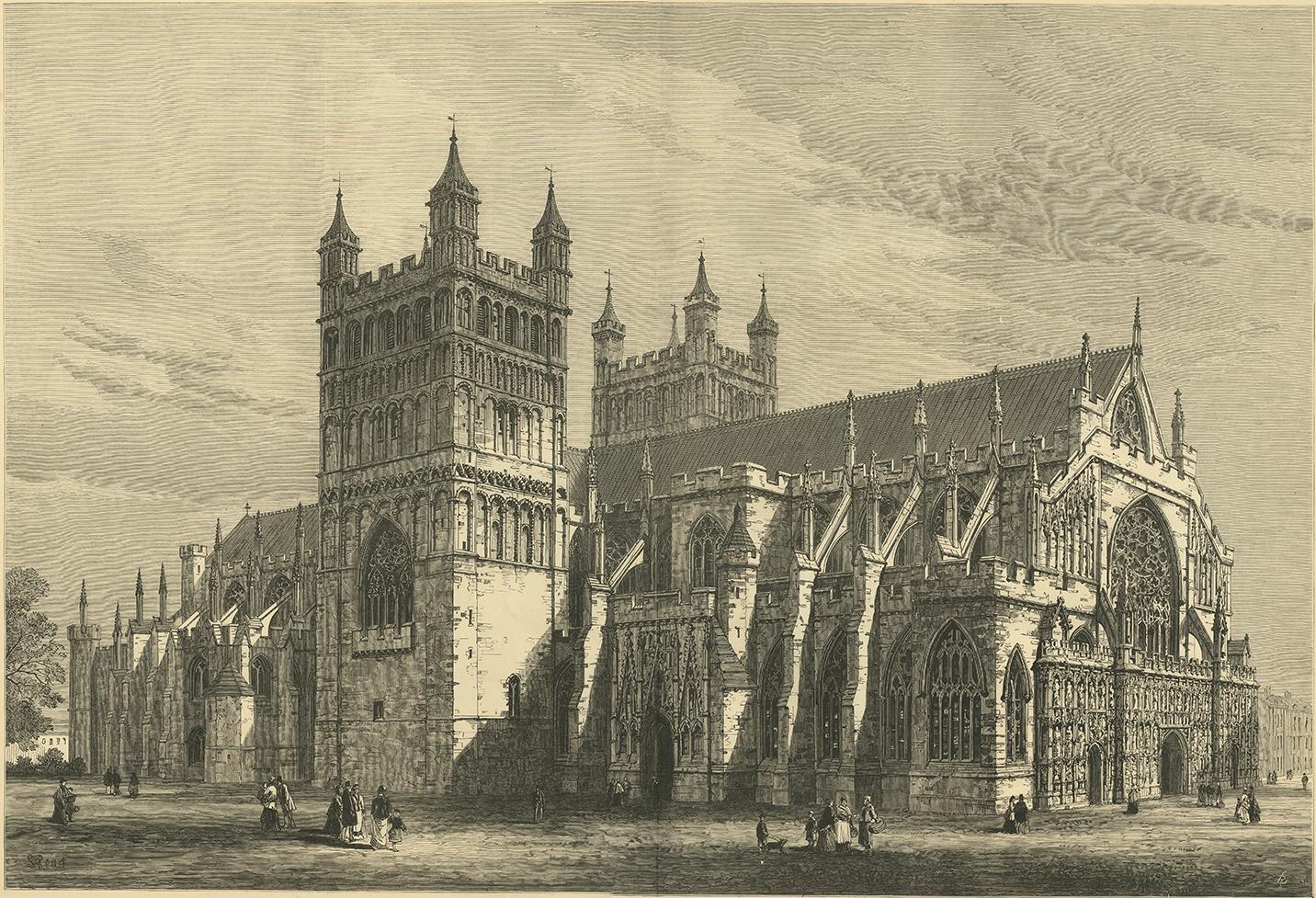 Original antique print of Exeter Cathedral. Exeter Cathedral, properly known as the Cathedral Church of Saint Peter at Exeter, is an Anglican cathedral, and the seat of the Bishop of Exeter, in the city of Exeter, Devon, in South West England. The