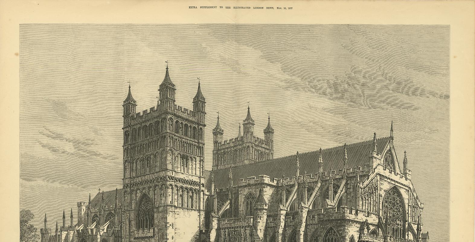 Antique Print of Exeter Cathedral from the Illustrated London News, 1877 In Good Condition For Sale In Langweer, NL