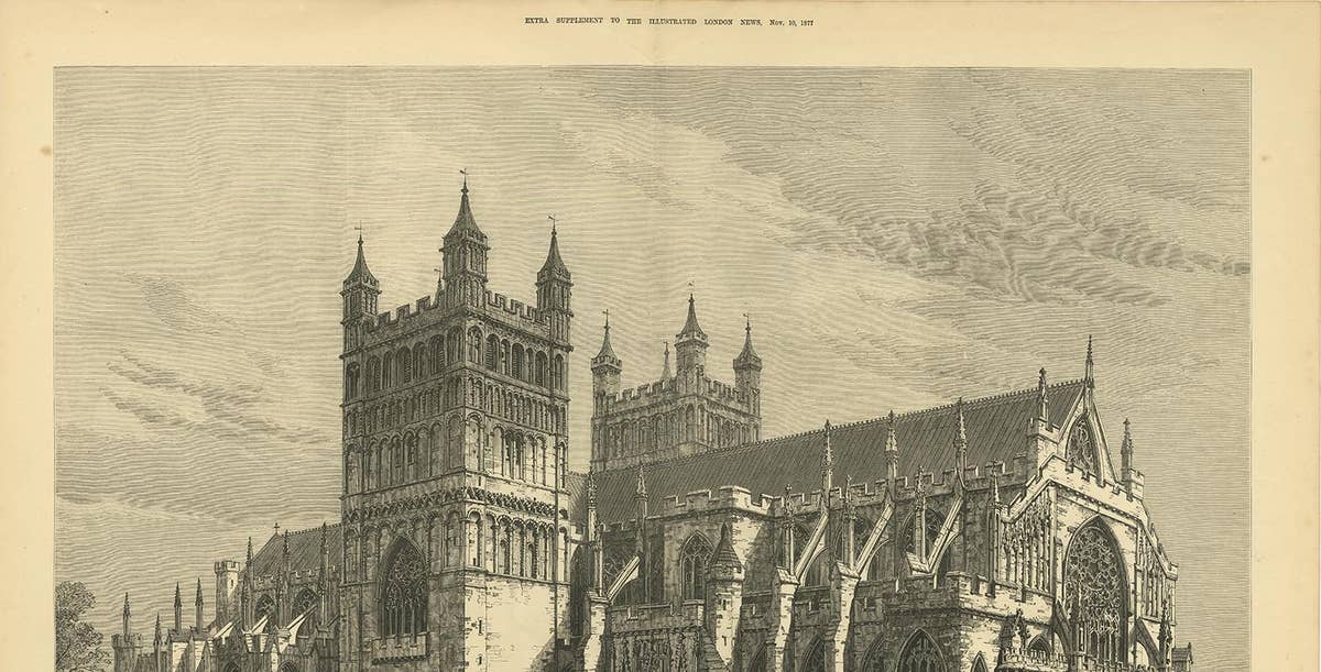 Antique Print of Exeter Cathedral from the Illustrated London News, 1877