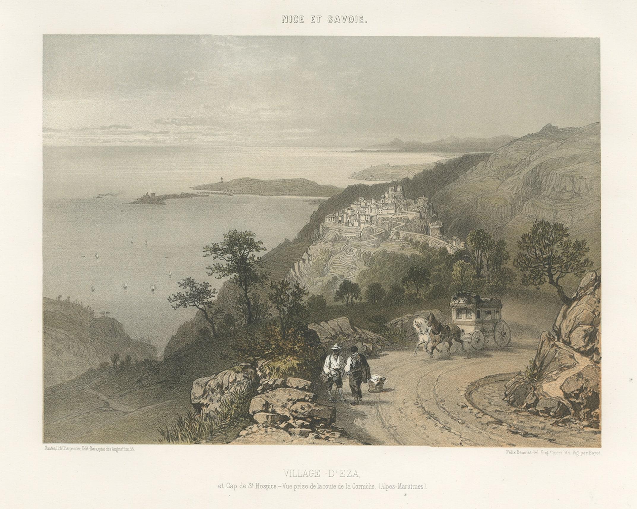 Paper Antique Print of Èze Village in The Nice and Savoy Regions of France, c.1865