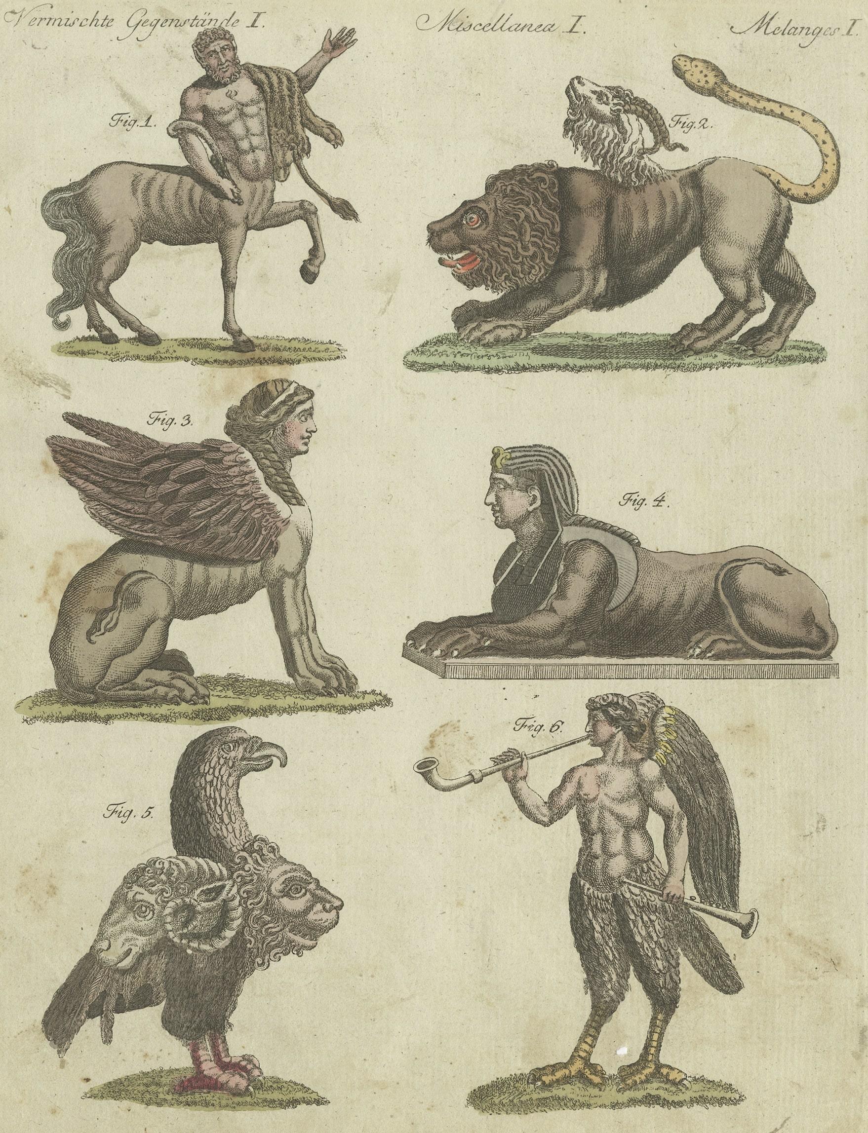 Original print of fabulous animals in mythology. Includes the Centaur, the Chimera, the Greek Sphinx, the Egyptian Sphinx, the Gryllus, the Sirens. This print originates from 'Bilderbuch fur Kinder' by F.J. Bertuch. Published circa 1800.