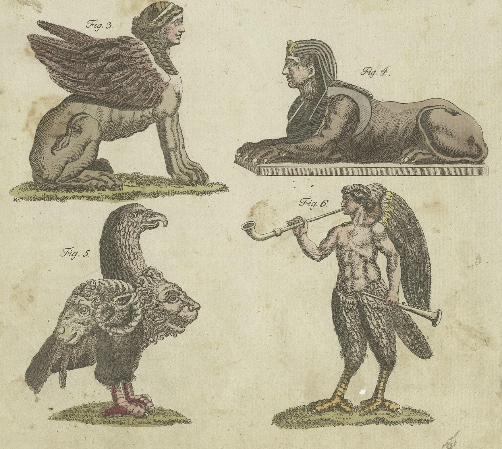 Engraved Antique Print of Fabulous Animals, incl the Spinx, Sirens and Gryllus,  ca. 1800