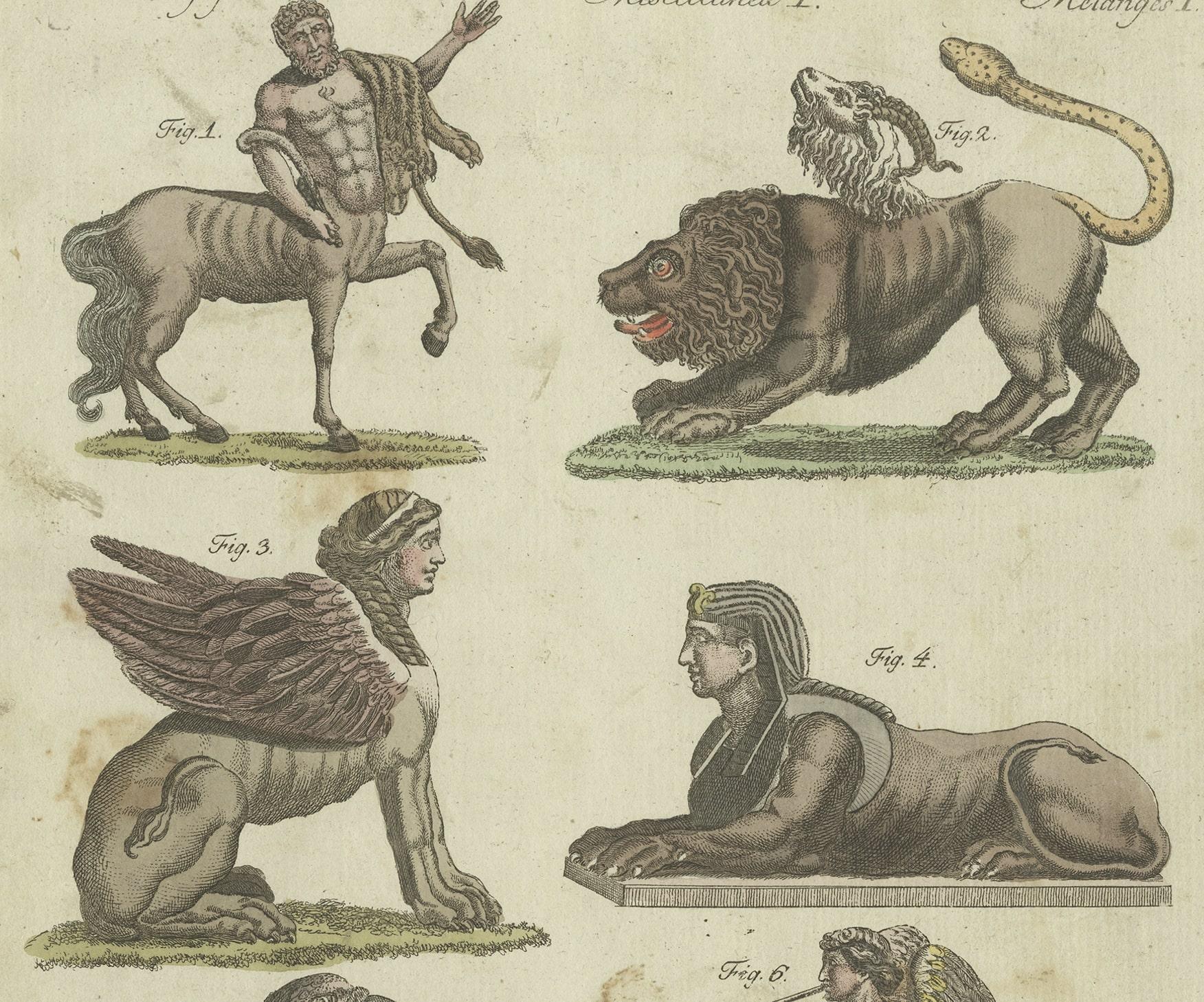 Antique Print of Fabulous Animals, incl the Spinx, Sirens and Gryllus,  ca. 1800 In Fair Condition In Langweer, NL