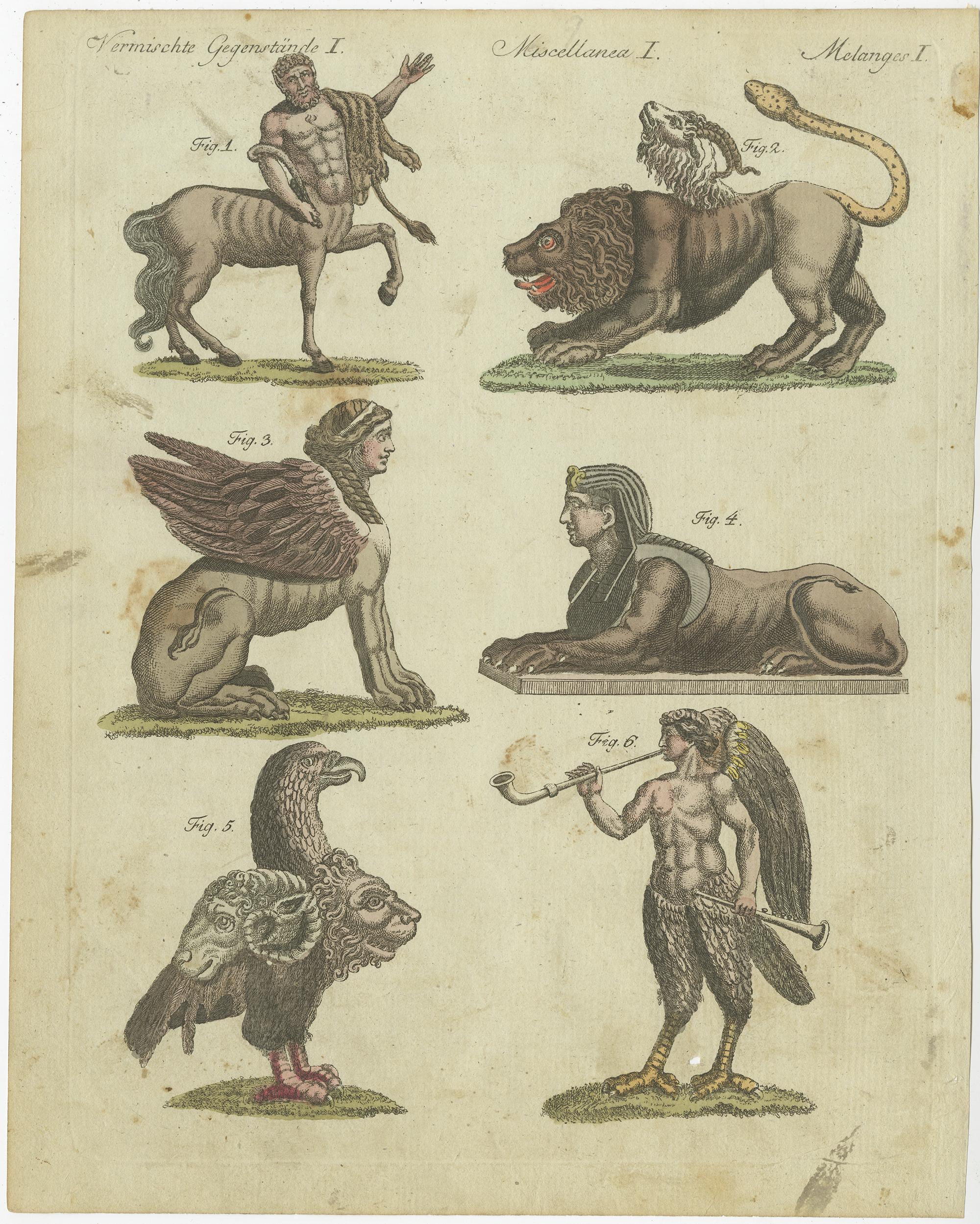 19th Century Antique Print of Fabulous Animals, incl the Spinx, Sirens and Gryllus,  ca. 1800
