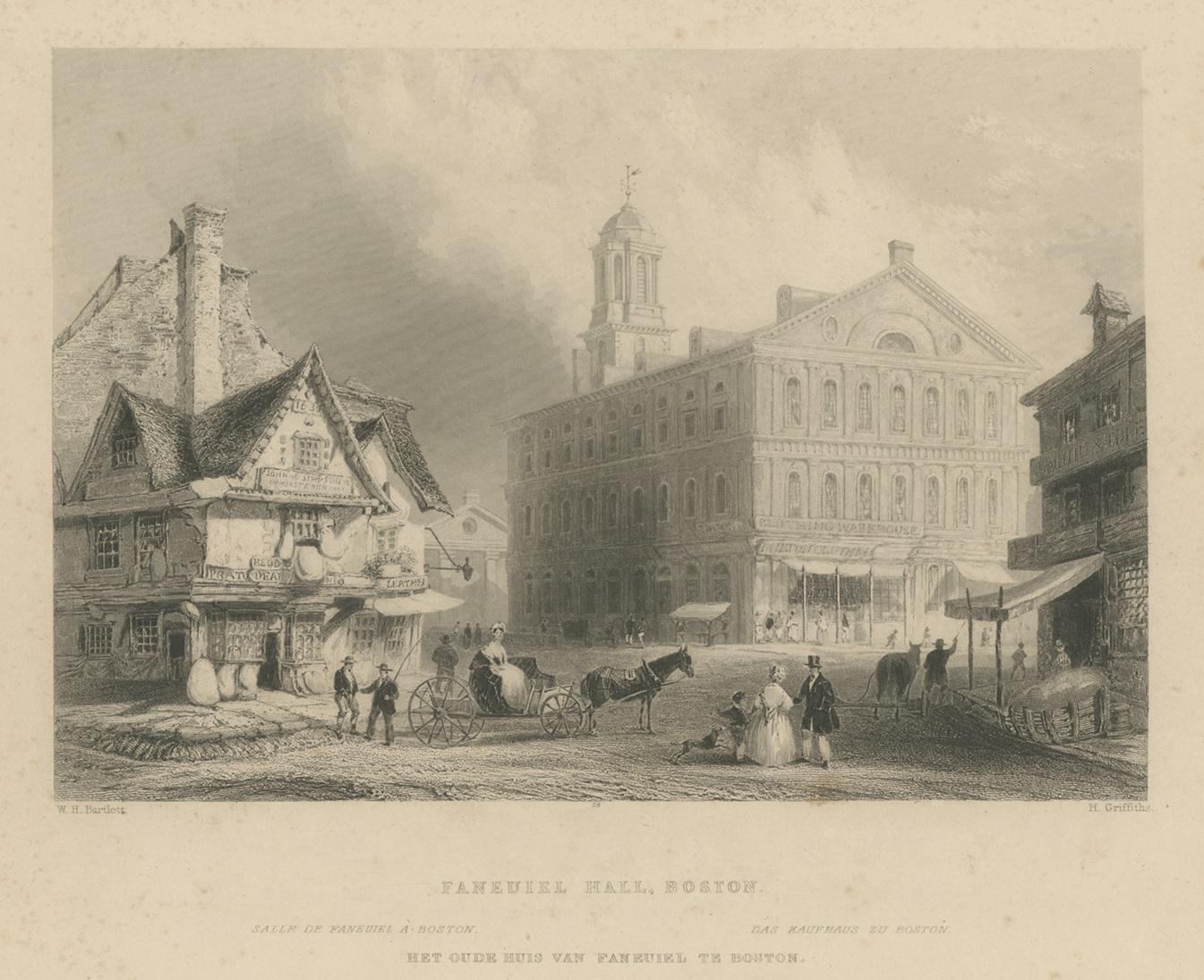 Antique print titled 'Faneuiel Hall, Botson'. View of Faneuil Hall in Boston, Massachusetts. Engraved by H. Griffiths. Published for the Proprietors by Geo Virtue, circa 1860.