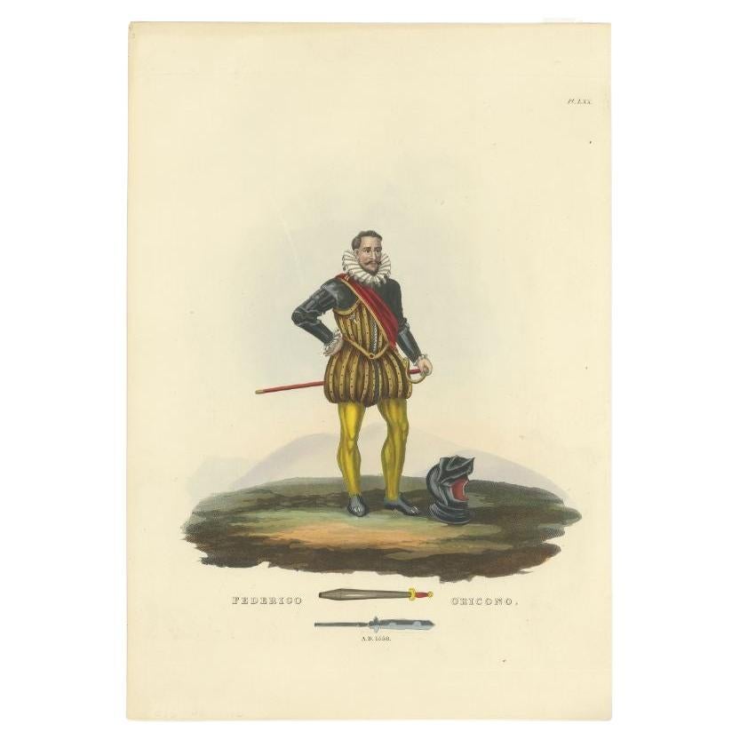 Antique print titled 'Federigo Oricono'. Old print of Federigo Oricono in a suit of armour with silk surcoat in plush covering the breastplate and backplate, sleeve armour pauldrons and elbow pieces, and slops or wide breeches. Helmet on the ground.