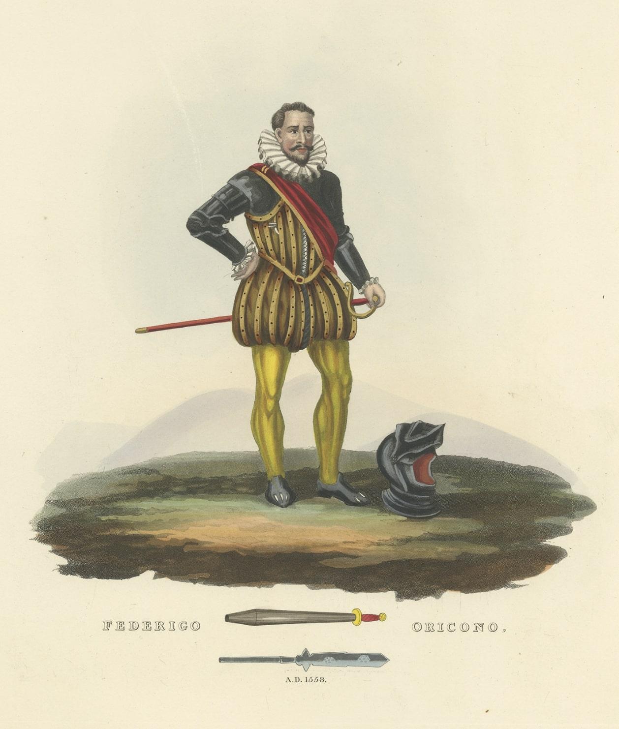 Paper Antique Print of Federigo Oricono, Tournament Baton and Voulge-Blade, 1842 For Sale