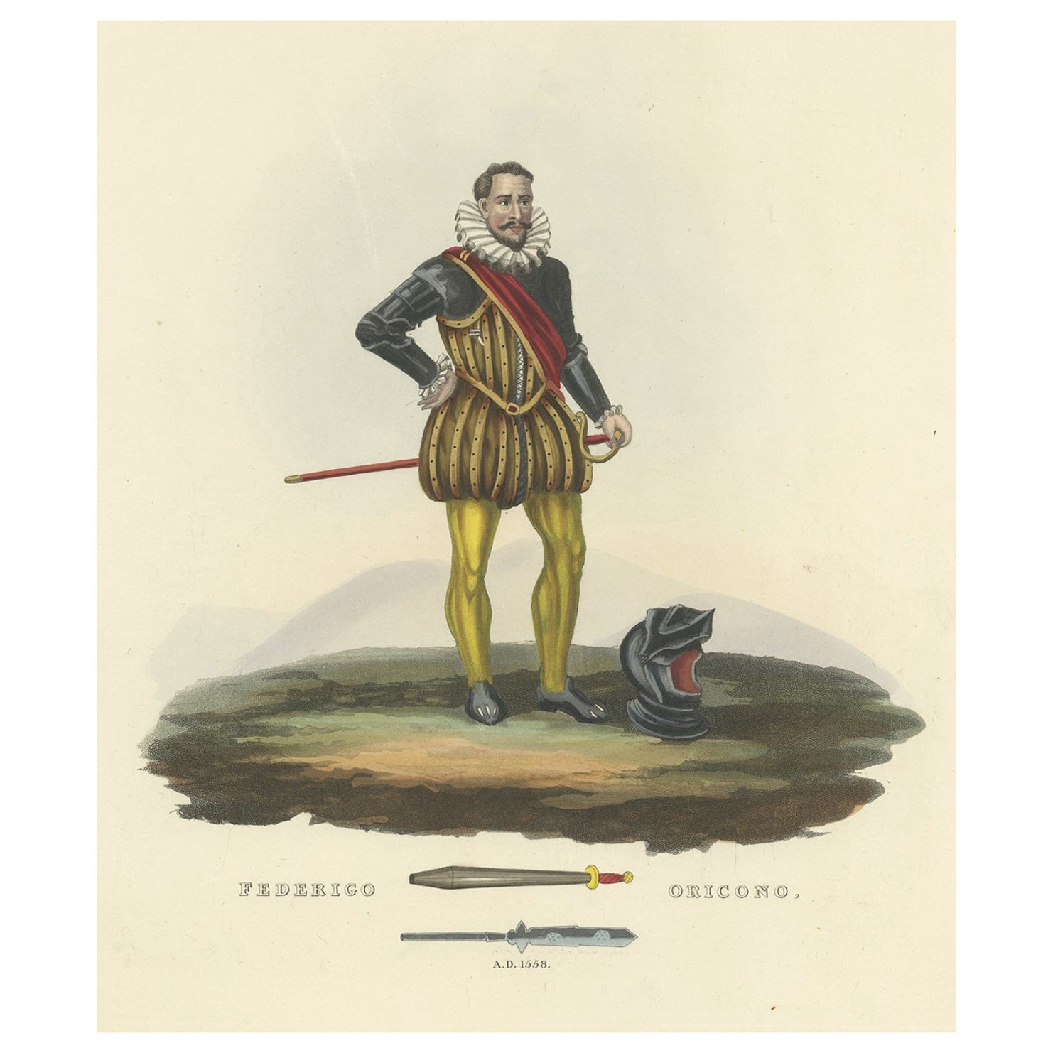 Antiker Druck von Federigo Oricono, Turnament Baton und Voulge-Blade, 1842 im Angebot