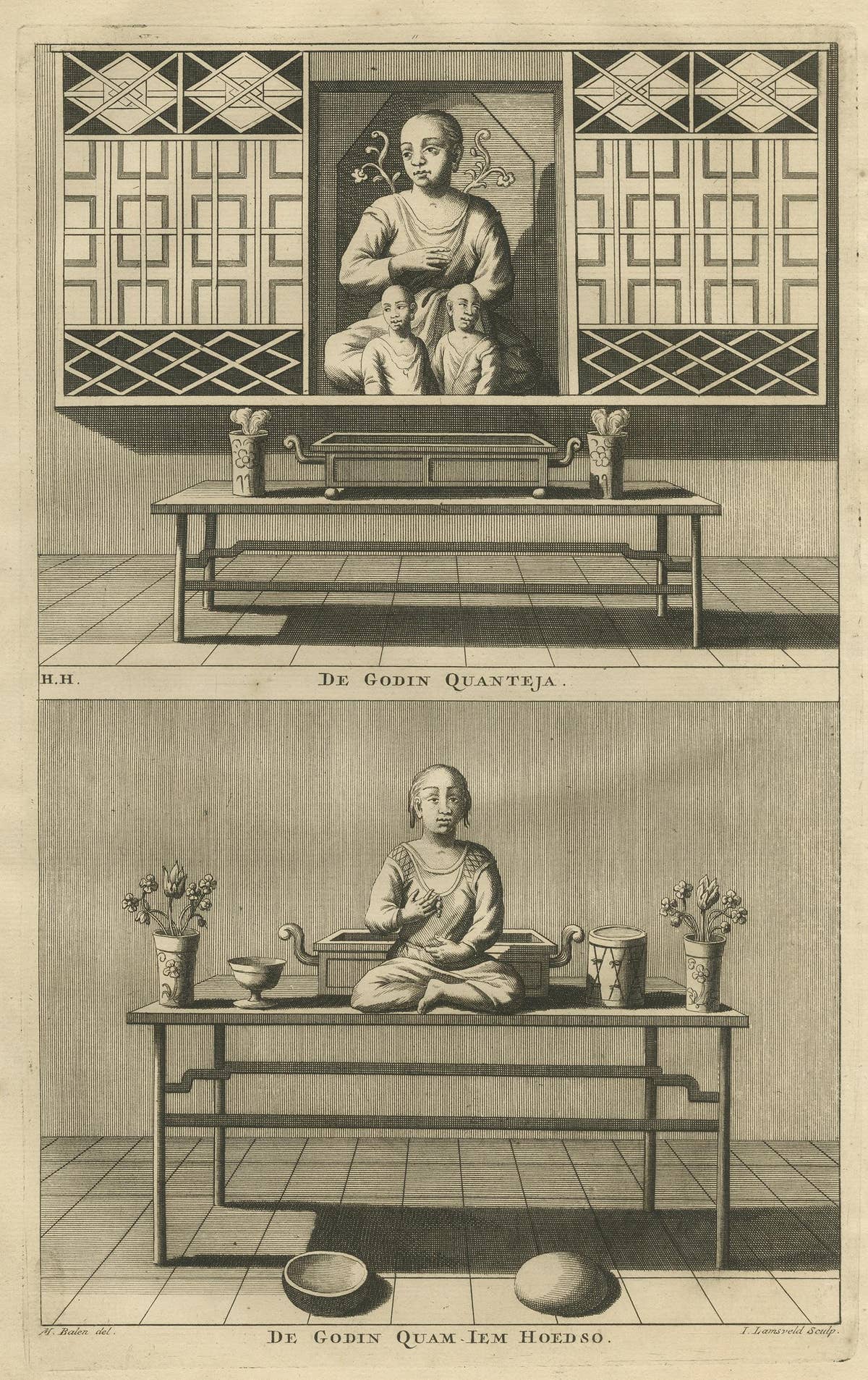 Antique Print of Female Deities of Chinese Buddhism by Valentijn, 1726