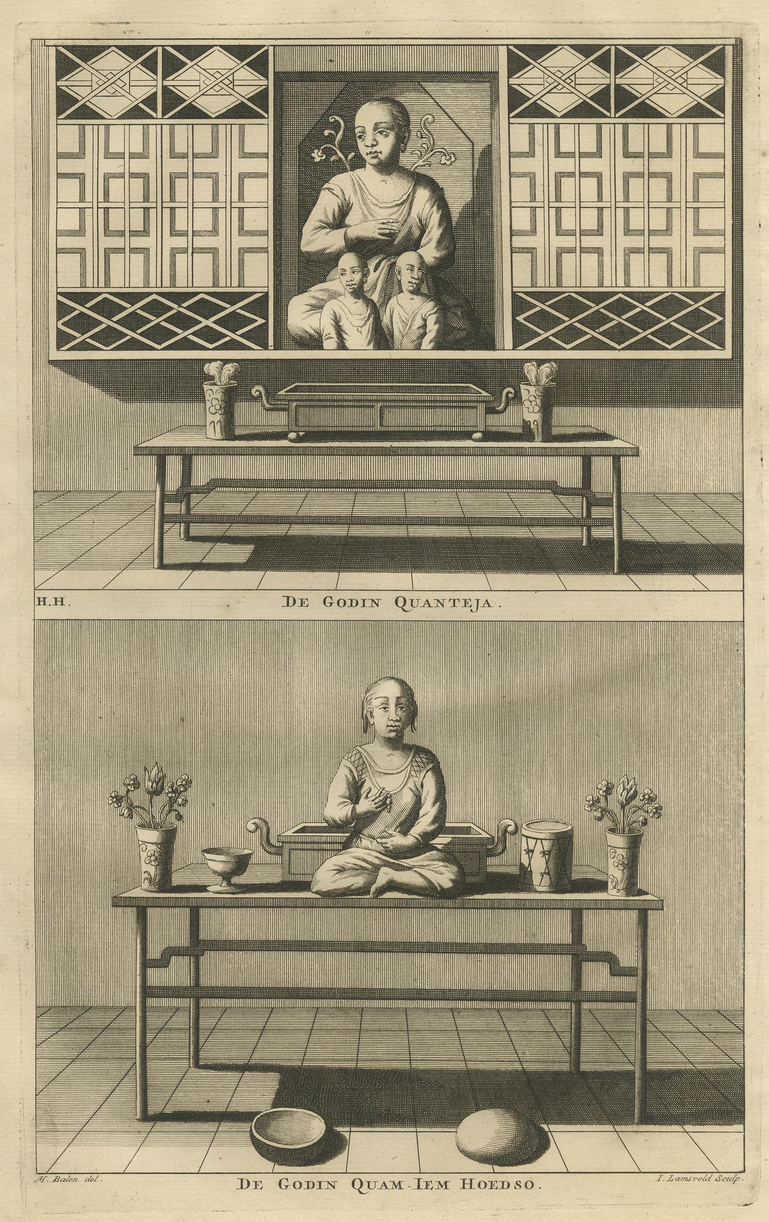 Antique Print of Female Deities of Chinese Buddhism by Valentijn, 1726 In Good Condition For Sale In Langweer, NL