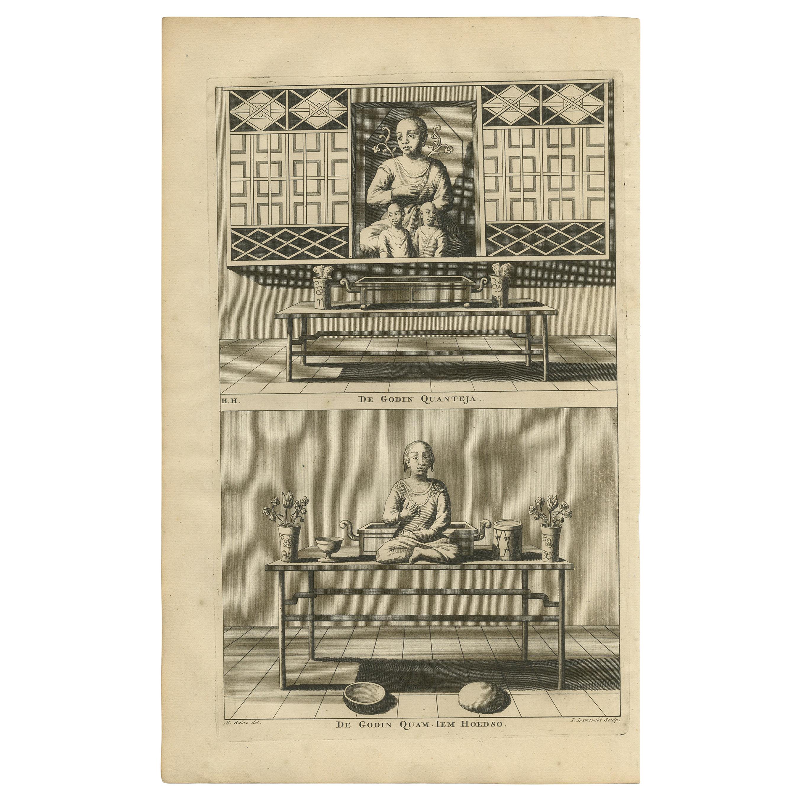 Antique Print of Female Deities of Chinese Buddhism by Valentijn, 1726 For Sale