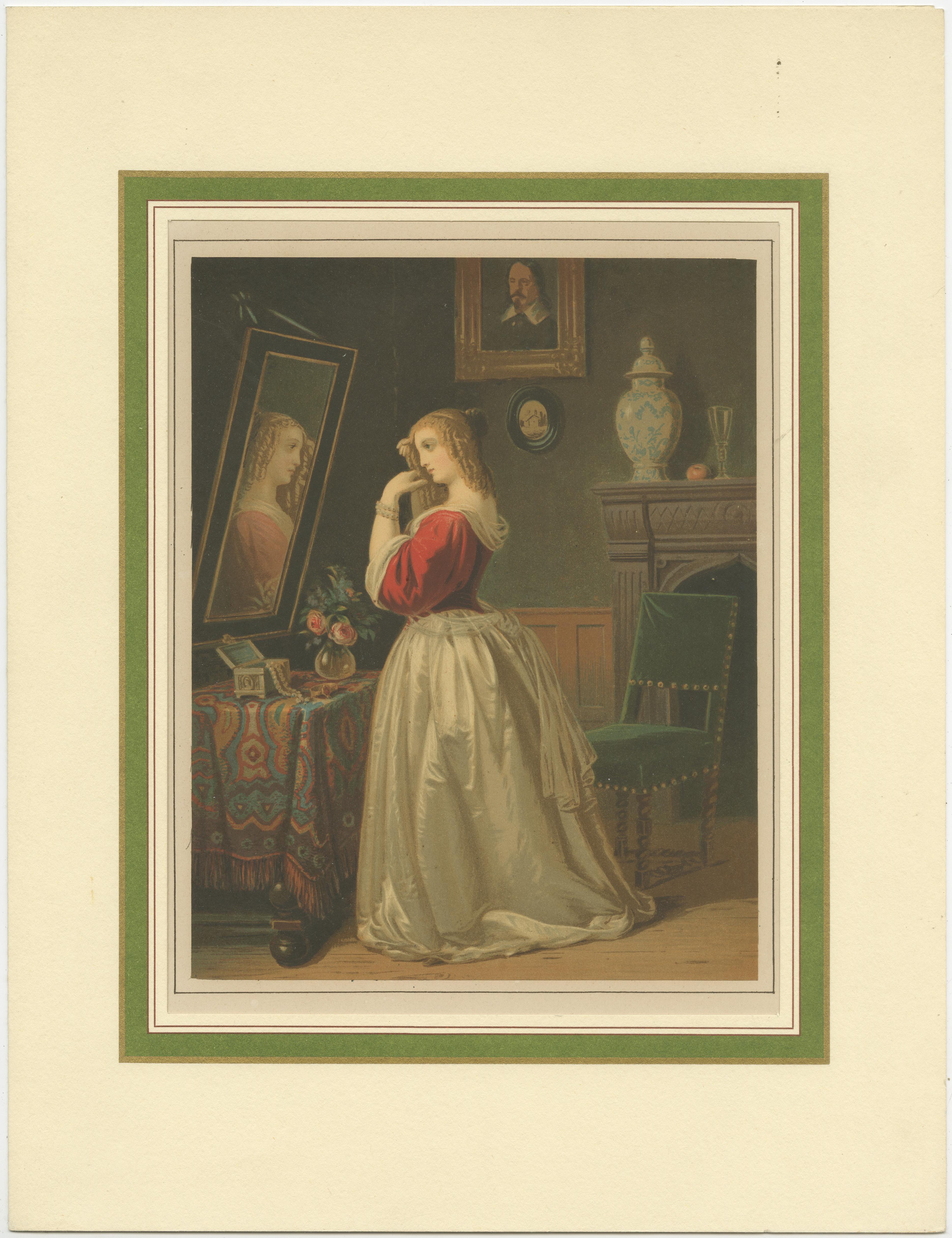 Gravure ancienne de Rituels féminins : The Toilette in Victorian Art, circa 1880 État moyen - En vente à Langweer, NL