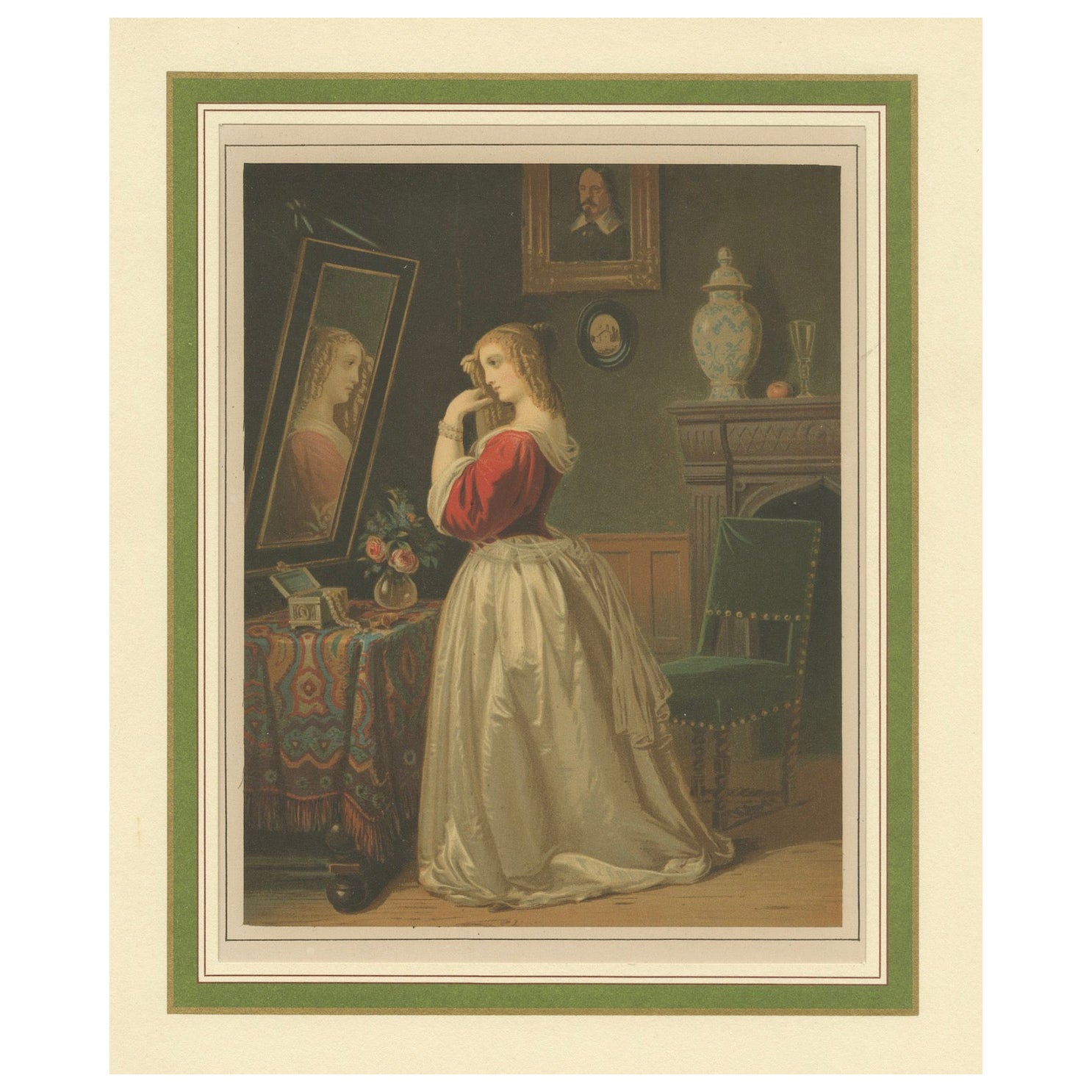 Grabado Antiguo de Rituales Femeninos: El tocador en el arte victoriano, hacia 1880