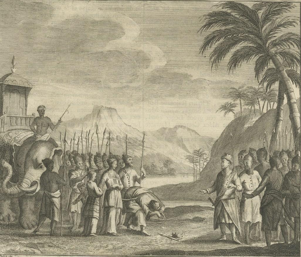 Antique Print of Figures and an Elephant on Ceylon, 1726 For Sale 1