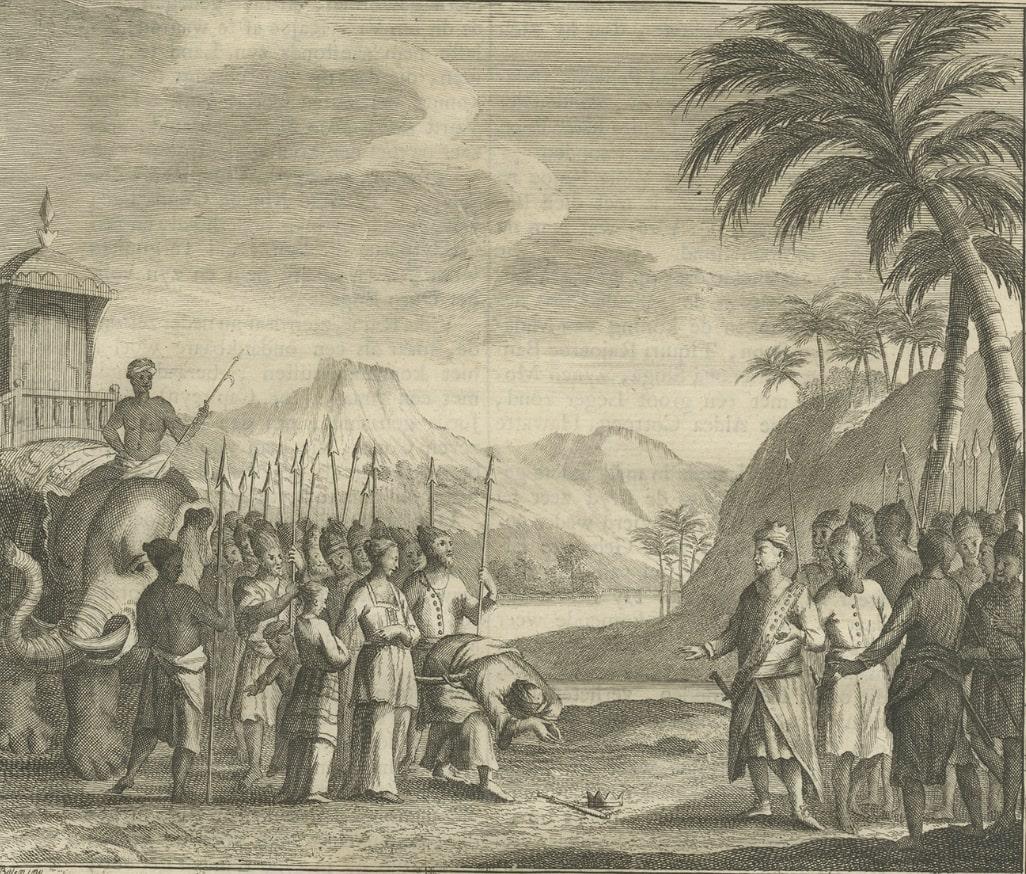 Impression ancienne de figures et d'un éléphant sur Ceylan, 1726 en vente 1
