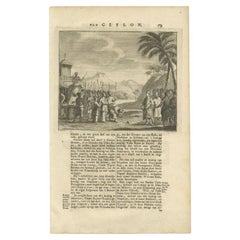 Antique Print of Figures and an Elephant on Ceylon, 1726