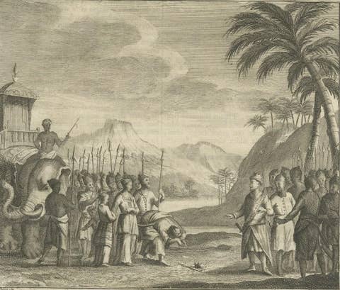Antique Print of Figures and an Elephant on Ceylon, 1726