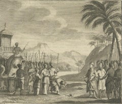 Antiker Druck von Figuren und einem Elefanten auf Ceylon, 1726