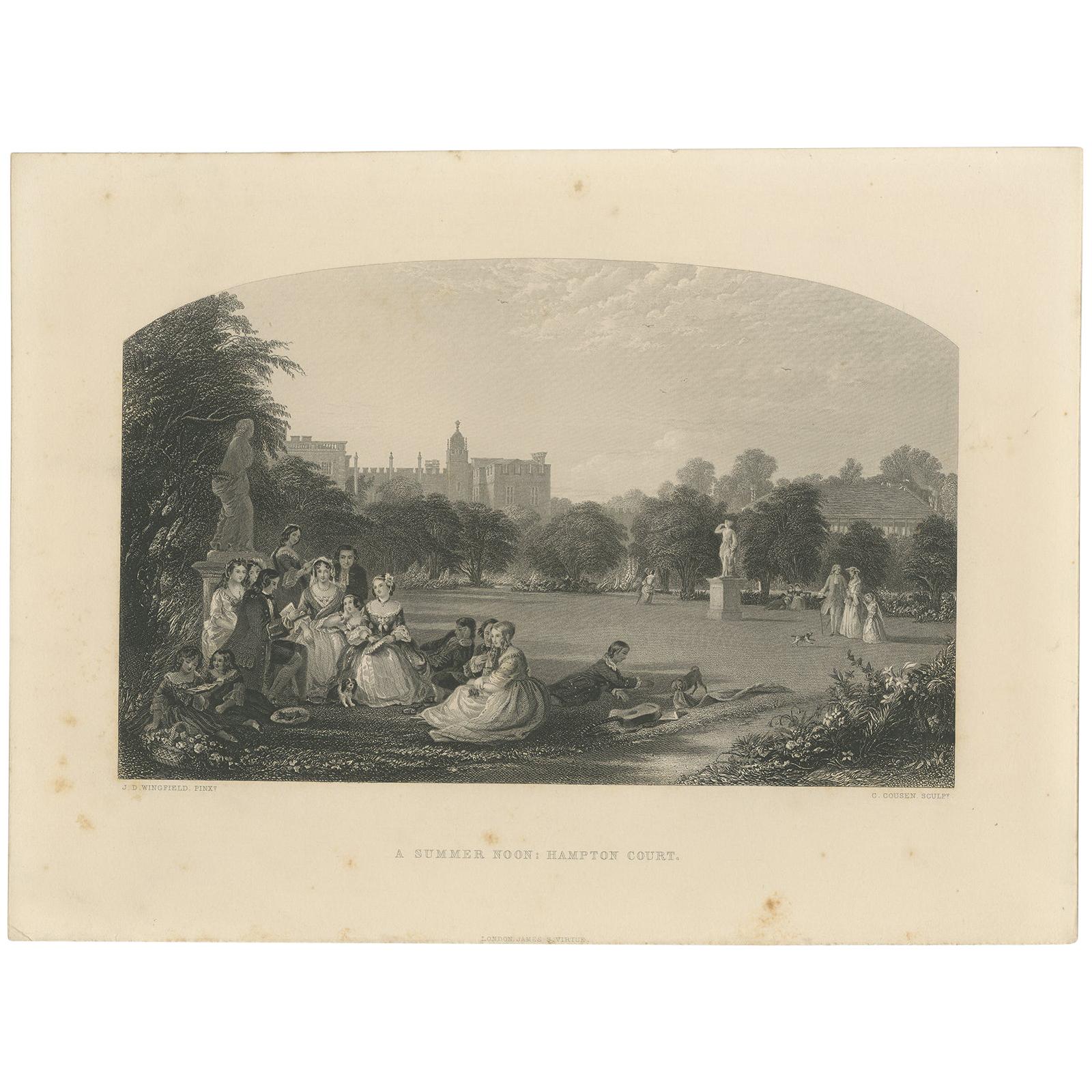 Antique Print of Figures in the Garden of Hampton Court Palace, 'c.1860' For Sale