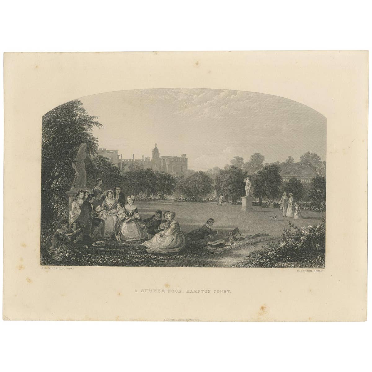 Antique Print of Figures in the Garden of Hampton Court Palace, 'c.1860'