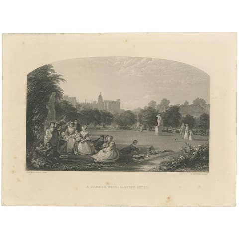 Antique Print of Figures in the Garden of Hampton Court Palace, 'c.1860'
