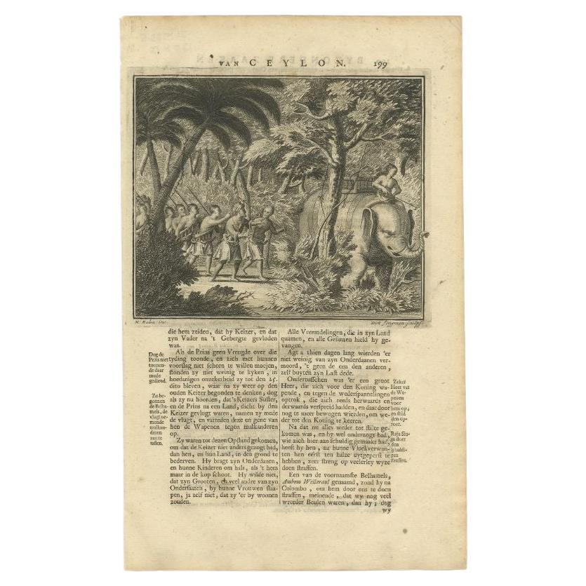 Gravure sans titre représentant plusieurs personnages dans les bois, dont un assis sur un éléphant. Texte au verso. Cette estampe provient de 'Oud en Nieuw Oost-Indiën' de F. Valentijn.

Artistes et graveurs : François Valentijn (1666-1727),