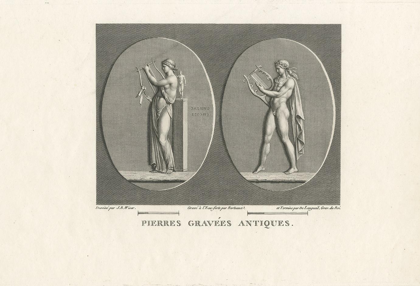 Antique print titled 'Pierres gravées Antiques'. Old print of two engraved stones depicting a male and female playing the lira. Made after drawings by J.B. Wicar.