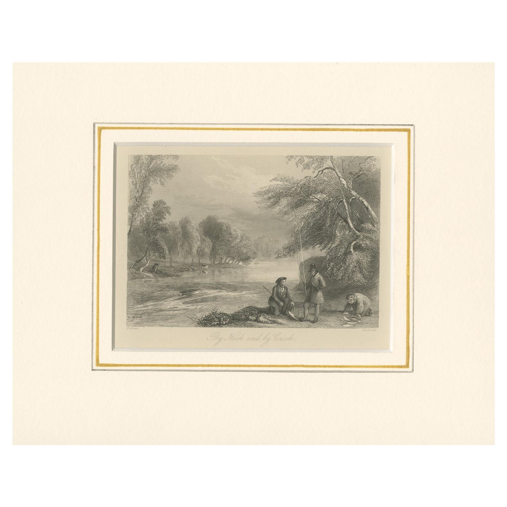 Antique Print of Fishermen by Rogerson '1844' For Sale