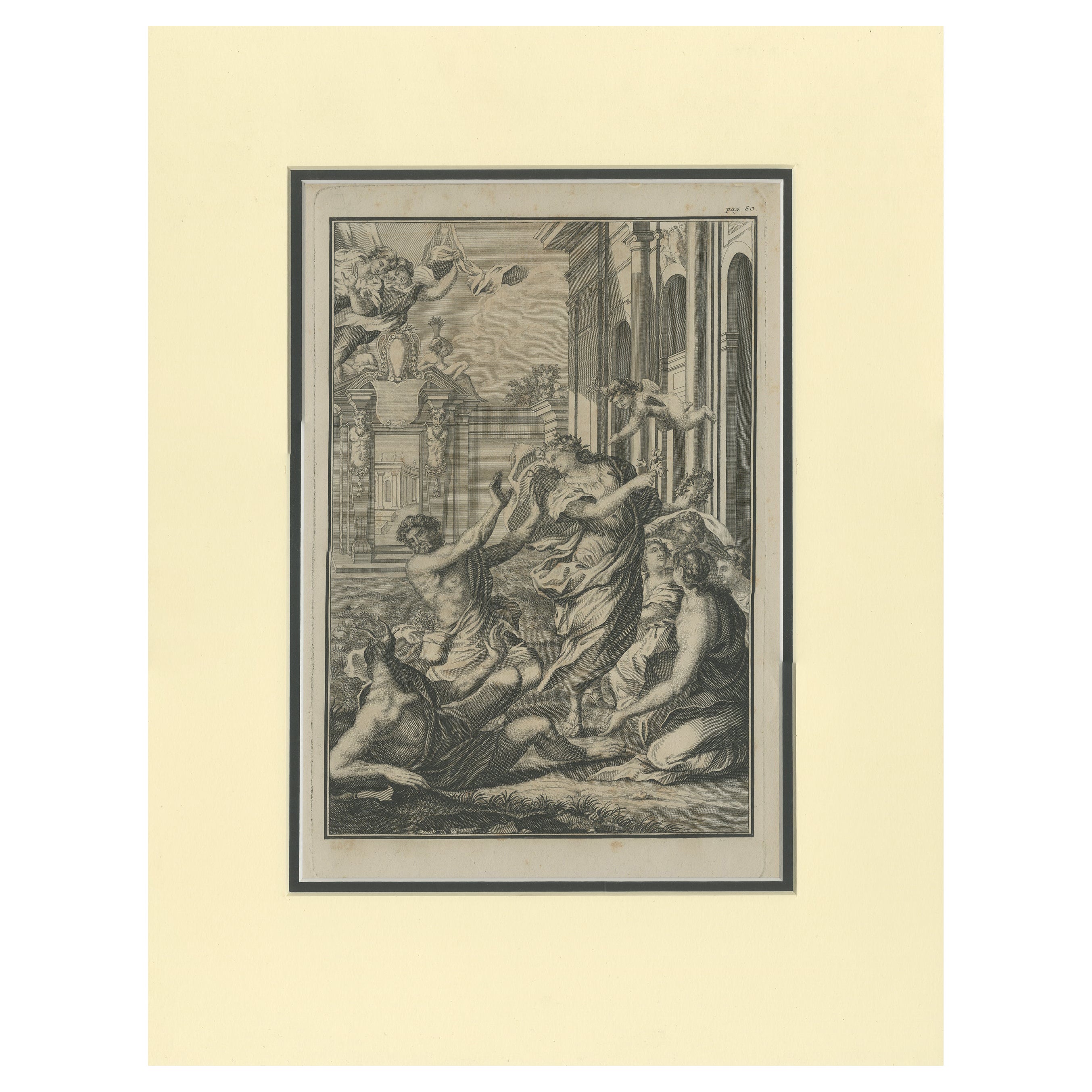 Antiker antiker Druck von Flora, die Limace in einen Koffer dreht, von Volckamer 'c.1710'
